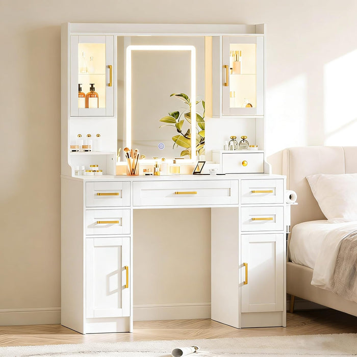 Vanity Desk with Mirror and LED Lights & Power Outlet, Large Makeup Vanity Table with 5 Drawers and 4 Storage Cabinets, White Dressing Table for Bedroom