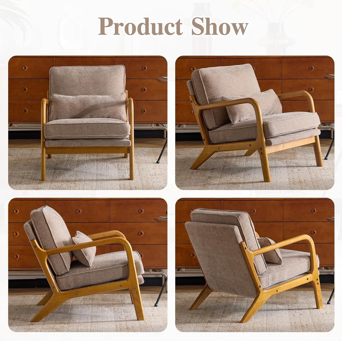 Mid Century Modern Accent Chair with Lumbar Pillow & Oak Arms – Plush Chenille Living Room Chair for Bedroom, Lounge (Khaki)