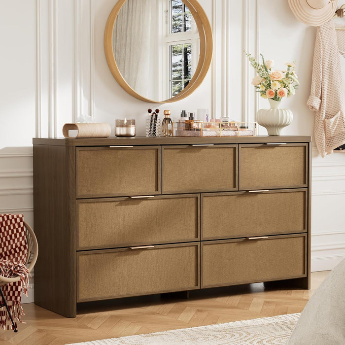 Rattan 7 Drawer Dresser for Bedroom, 55" Wide Curved Dressers & Chests of Drawers with 7 Deep Drawers, Large Boho Wooden Dresser W/Gold Metal Handles for Bedroom Living Room, Walnut
