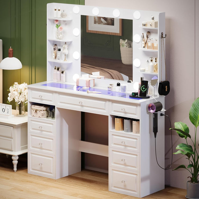 Vanity Desk With GlassTop Illuminated Mirror Drawers