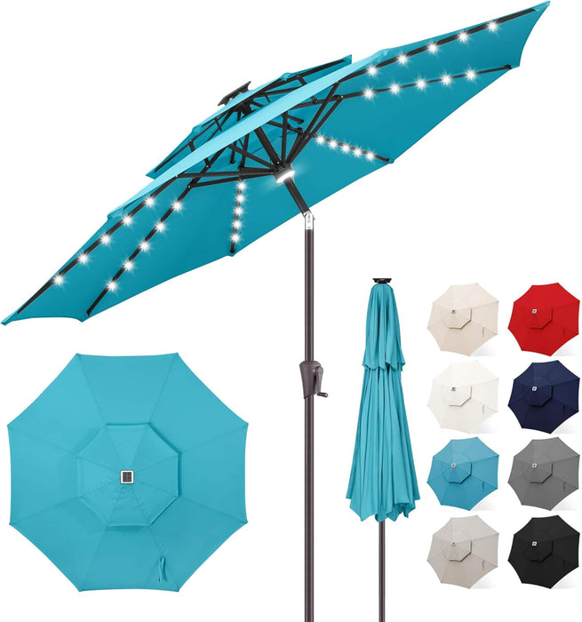 2 Tiers 9Ft Solar Light Patio Umbrella, 40 LED Lights Outdoor Umbrella with Centre Surround Light, Table Market Umbrella for Deck, Pool, Porch, Backyard, Garden (Aqua Blue)