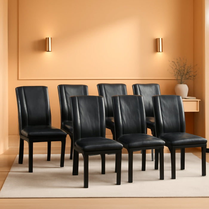 Upholstered Dining Chairs Set of 6, Modern PU Leather and Solid Wood Legs & High Back, Parsons for Kitchen/Living Room- Black