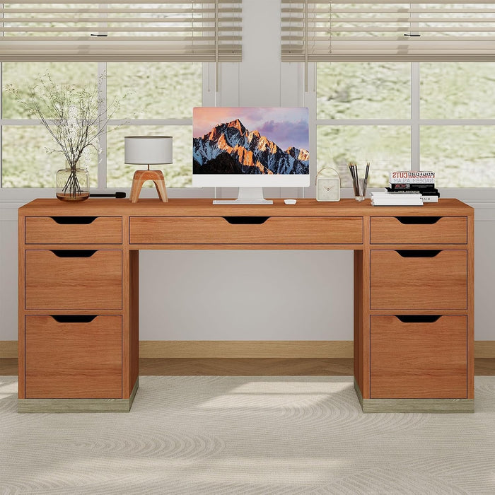54Inch WalnutFinish ExecutiveDesk With Seven Drawers