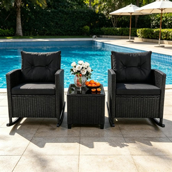 3 Pieces Patio Rocking Chair, Black Wicker Bistro Set (Black)