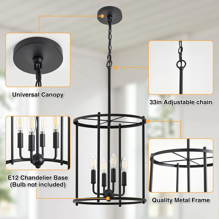 4-Light Black Chandelier, Industrial Black Lantern Ceiling Light Fixtures with Rustic Metal Cage Adjustable Height Farmhouse Geometric Hanging Light for Kitchen Island, Dining Room, Entryway