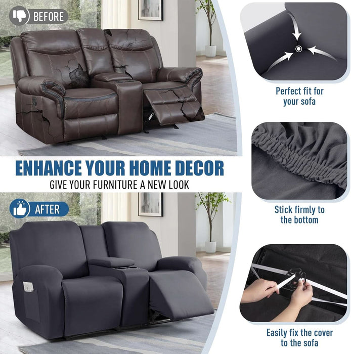 Reclining Loveseat with Middle Console Slipcover, 4 Piece Polyester Fabric Stretch Loveseat Reclining Sofa Covers (Dark Gray, 2 Seat Recliner Cover with Console)
