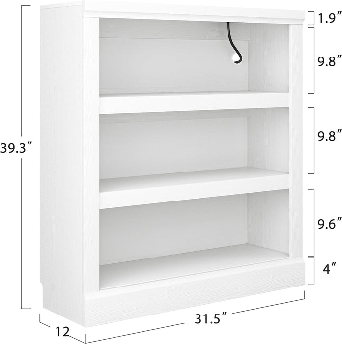 3-Tier Bookshelf with 3 Outlets, 2 USB Ports and Adjustable Shelf | Wood Storage Bookcase, Sturdy 3-Shelf Decorative Display Rack, Versatile for Home Office, Living Room and Bedroom, White