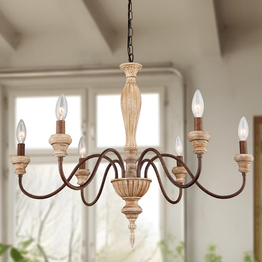 French Country Six Light Distressed Wood Chandelier