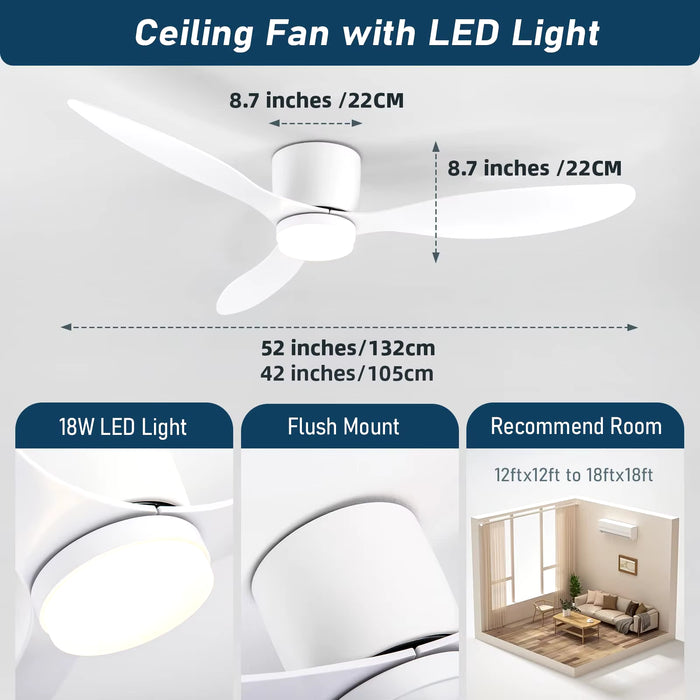 Ceiling Fan with Light,42 Inch/52 Inch Low Profile Ceiling Fan with Remote Control, for Indoor and Covered Outdoor