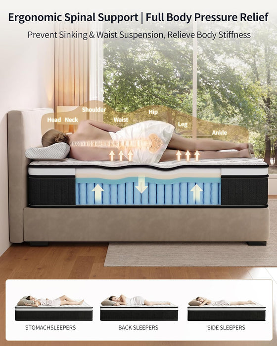 12 Inch Queen Mattress, Medium Firm Hybrid Memory Foam, 7-Zone Body Support for Pressure Relief, Motion Isolation, Queen Mattress in a Box, White Breathable Textured Fabric Mattresses