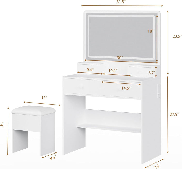Makeup Vanity Desk with Mirror, Lights and Charging Station, White Vanity with 3 Lighting Modes, Dressing Table Set with 4 Drawers and Storage Chair for Bedroom