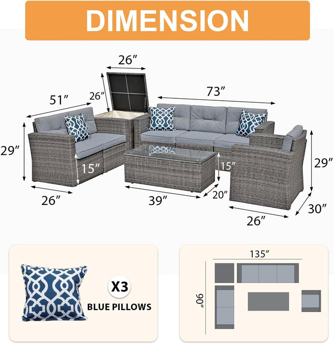 8 Pieces Outdoor Patio Furniture Set, Wicker Patio Conversation Sets with Storage Box, Rattan Outdoor Sectional Sofa Set with Cushions and Coffee Table for outside Porch, Deck, Gray