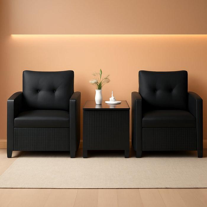 3 Pieces Patio Furniture Set, Wicker Conversation Set Outdoor Chairs with Cushions, Glass Coffee Table, Rattan Bistro Set for Front Porch Balcony Garden Deck Poolside (Black)