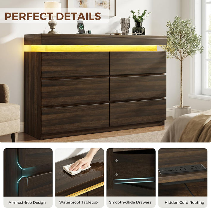 6 Drawer Dresser with LED Lights and Charging Station, Modern Brown Dresser
