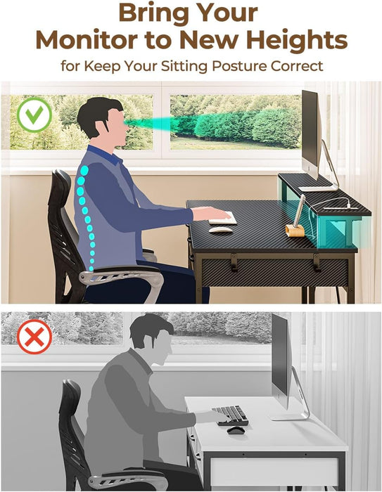 Computer Desk with Power Outlets & LED Light, 47 Inch Home Office Desk with 3 Drawers and Storage Shelves, Writing Desk with Monitor Stand, Modern Work Desk for Home Office, Carbon Black