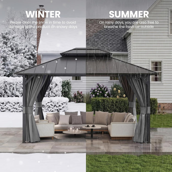 12'X14' Hardtop Gazebo, Permanent Patio Pavilion with Breathable Netting and Privacy Curtain for Dining Party, Grey