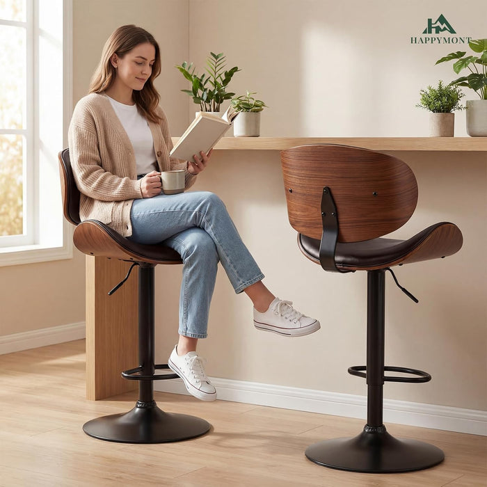 Bar Stools Set of 2, Adjustable Height 24-33'' Swivel Bar Chairs | PU Leather Upholstered Barstools with Removable Back for Kitchen Island Dining Room, Brown