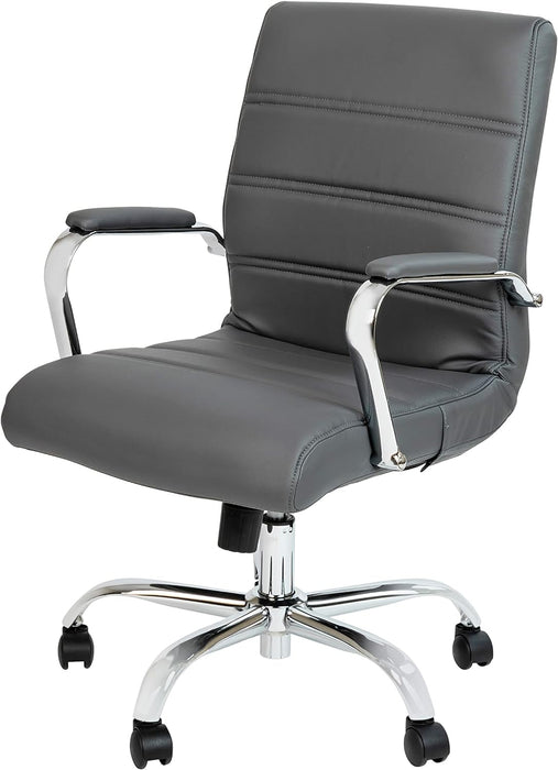 Whitney Mid-Back Swivel Leathersoft Desk Chair with Padded Seat and Armrests, Adjustable Height Padded Office Chair, Gray/Chrome