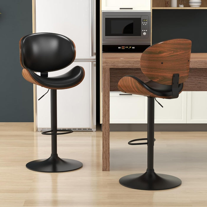 Bar Stools for Kitchen Swivel Bentwood Barstools,Set of 2,Black PU | Modern PU Leather Upholstered Bar Chairs with Footrest, Bentwood Bar Stool for Kitchen, Bar, Dining Room