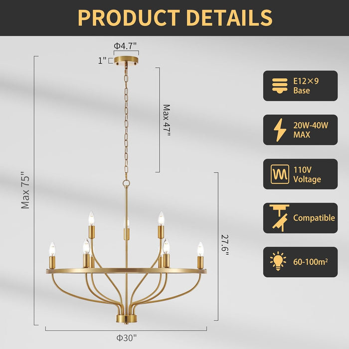 30Inch Crystal GoldTone Chandelier Nine Light Fixture