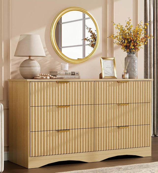 Bedroom Dresser, 47.2" Fluted Wood Dressers, 6 Drawer Dresser