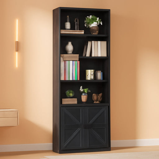 Industrial Bookshelf and Bookcases with Doors Modern Bookshelf Cabinet Tall Bookshelf Storage for Home Office, Bedroom (Black)