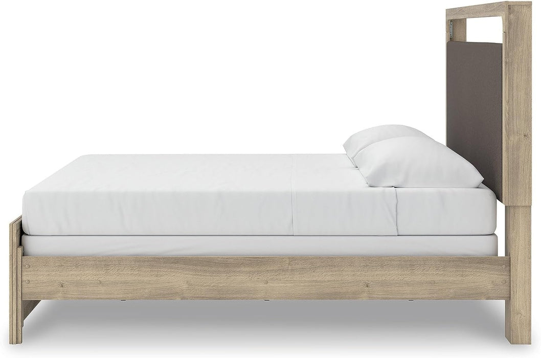 Signature Design by Ashley Hollymount King Size Bedframe, Bed Frame with Upholstered Panel Headboard, Touch LED Lighting with 3 Brightness Levels, Warm Oak Finish