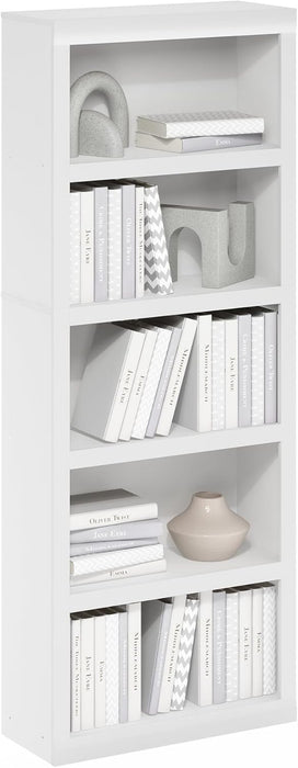 Rail 5-Tier Open Shelf Bookcase with Classic Style Edges, White