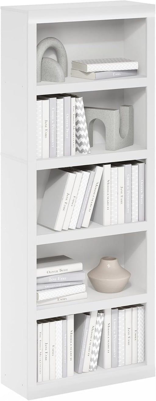 Rail 5-Tier Open Shelf Bookcase with Classic Style Edges, White