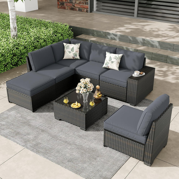 7 Pieces Patio Furniture Set, Wicker Outdoor Conversation Sets with Tea Table, Rattan Patio Sofa with Thick Cushions for Garden, Backyard Porch, Poolside, Party, Gray