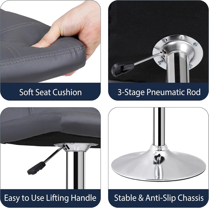 Set of 4 Adjustable Swivel Barstools, Modern PU Leather Kitchen Counter Bar Stools, Square Back Bar Stool (Grey)