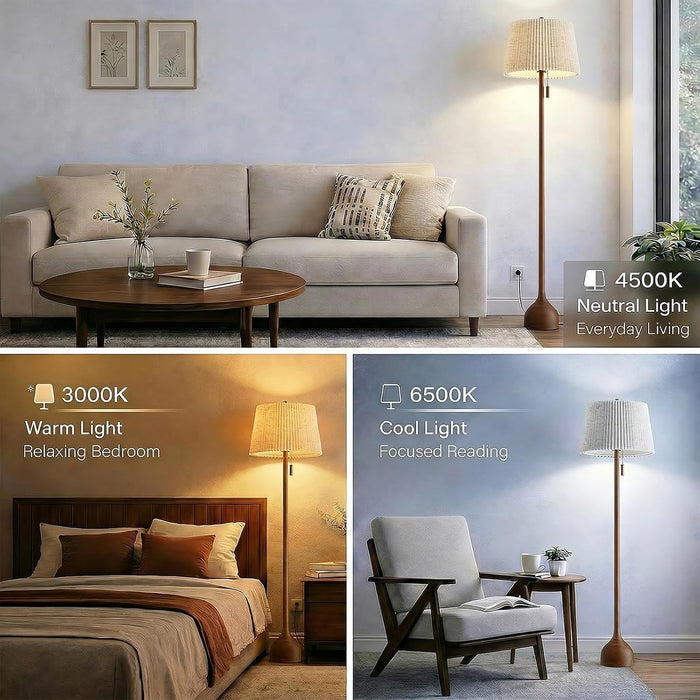 Mid Century Modern Real Wood Floor Lamp with 2 Shades for Two Looks
