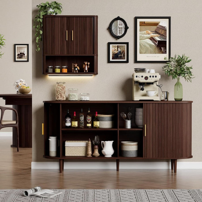 63" Sideboard Buffet Cabinet with Storage,Mid Century Modern Fluted Accent Coffee Bar Console Table,Tambour Sliding Doors& Adjustable Shelf for Kitchen, Living Room, Entryway，Walnut