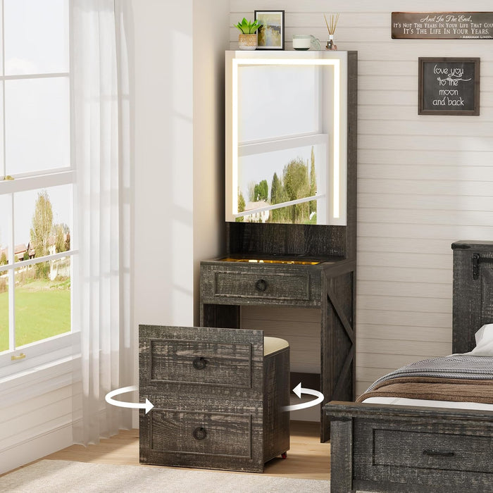 Small Vanity Desk with Mirror and Lights, Modern Glass Top Dressing Table with Wheels & Charging Station, Compact Makeup Vanity Set with Jewelry Space & Hidden Storage Stool (Rustic Brown)