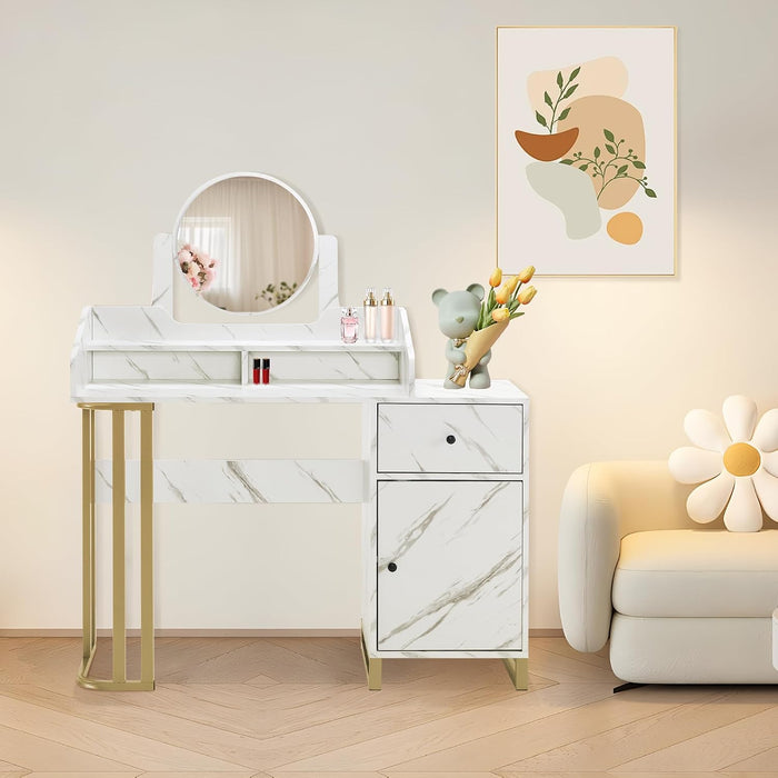 Light Luxury Dressing Table with Storage Cabinet, Modern Vanity Desk with Drawer, Home Makeup Station for Bedroom, Metal Dresser with Adjustable Mirror 3388 (White)
