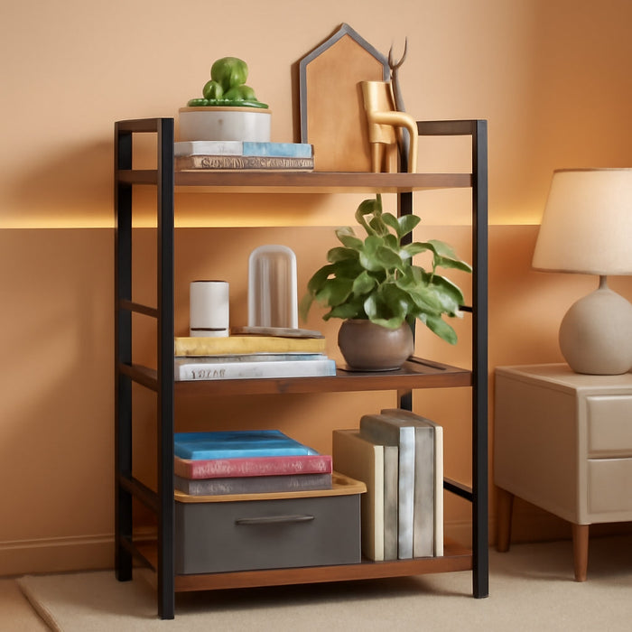 3-Tier Book Shelf - Wood & Metal Bookshelf with Handle & Adjustable Feet, Lightweight Bookcase for Living Room, Bedroom, Kitchen, Office or Dorm (16.5"×11.0"×28.1")