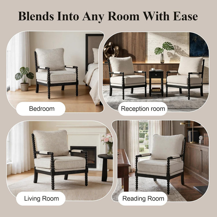 Linen Fabric Spindle Accent Chair with Wood Frame,