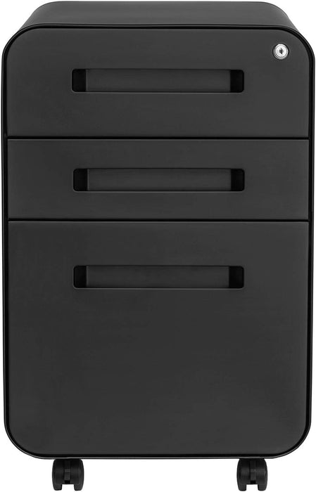 Stockpile 3 Drawer File Cabinet with Lock - under Office Desk Metal Filing Cabinet, Legal/Letter File Folders, Wheels and Stationary Feet, Pre-Assembled, Black