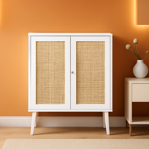 Buffet Cabinet with Storage, Storage Cabinet with PE Rattan Decor Doors, Accent Cabinet with Solid Wood Feet, Sideboard Cabinet for Hallway, Entry, Living Room, White