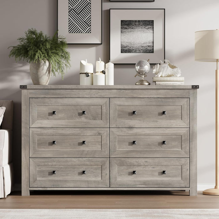 Six-Drawer Dresser With Metal Handles Storage Unit