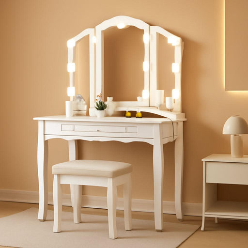 White Makeup Vanity with Lights & Charging Station, Vanity Desk with Mirror and 3 Colors of Lighting Effects, Vanity Table with Tri-Fold Mirror & Necklace Hooks, Makeup Table with Stool