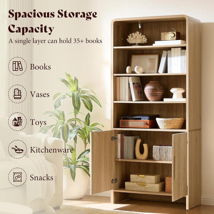 71" Modern Bookcase Set of 2 with Storage Cabinet & Fluted Doors | 6-Tier Bookshelf with 3 Adjustable Shelves, Wood Curved Display Cabinet for Living Room, Dining Room, Home Office, Natural