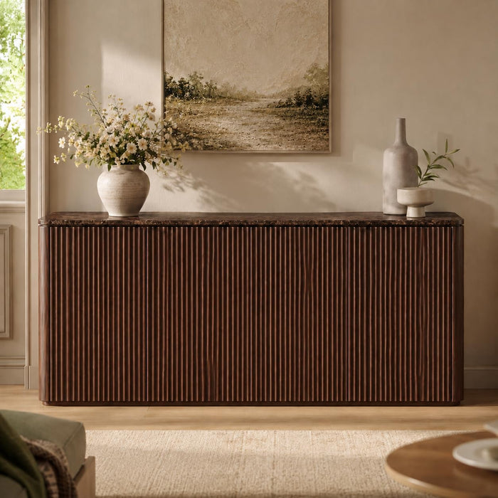 64" Fluted Sideboard Buffet Cabinet with Faux Marble Top, Dark Walnut | Wood Credenza with Storage Shelves, Modern Console Table for Coffee Bar, Dining Room, Kitchen, Living Room & Entryway