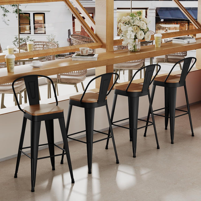 Metal Bar Stools Set of 4,24 Inch Barstools Counter Height Barstools with Backs Farmhouse Bar Stools with Larger Seat High Back Kitchen Dining Chairs Modern Bar Chairs Matte Black Stool