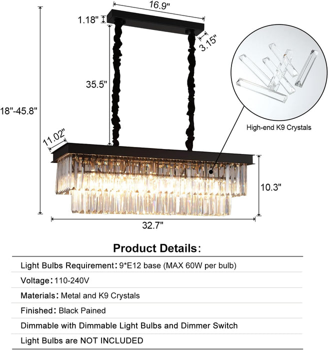 Crystal Chandelier for Dining Room,Rectangular Black Chandelier Modern Rectangle Pendant Light Fixtures for Kitchen Island L33” K9 Contemporary Long Chandelier