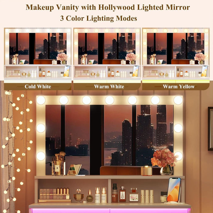 Small Vanity Desk with Mirror and Lights, White Makeup Vanity with Chair, RGB Vanity Table Set with 2 Drawers & Power Outlets & LED Strip, 3 Color Modes & Adjustable Brightness for Women Girls Bedroom