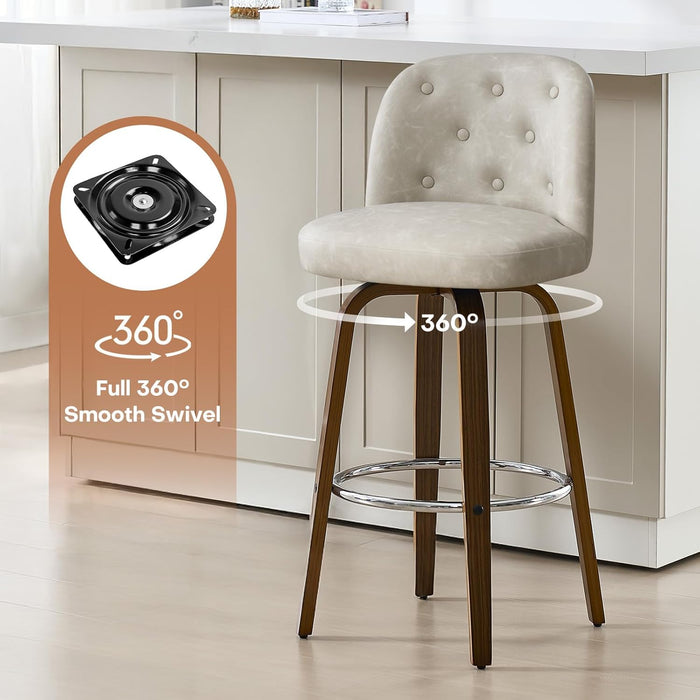 Bar Stools Set of 2, 26" Counter Height Swivel Bar Stools with Back,Walnut Bentwood Legs, Faux Leather Upholstered Counter Stools, Modern Counter Chairs Bar Stool for Kitchen Island, Griege