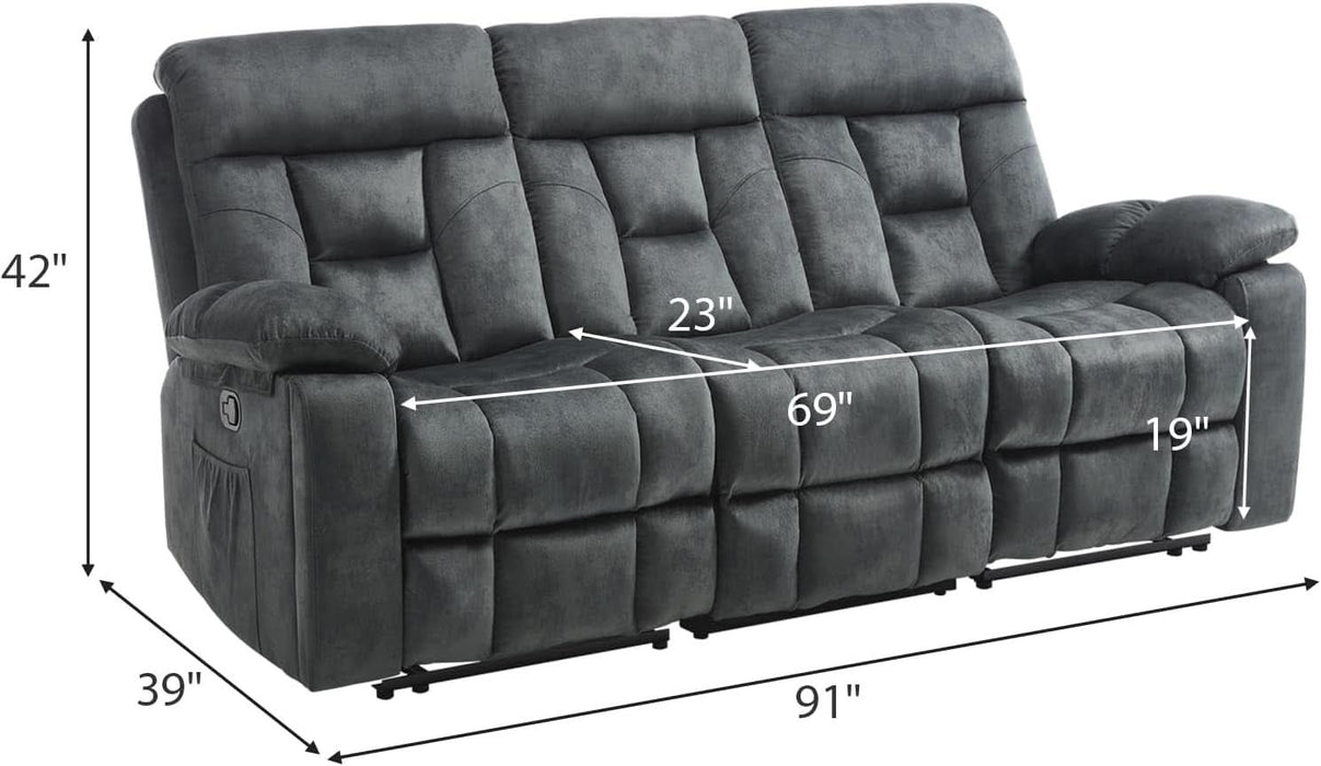 Reclining Sofa for Living Room, Extra Wide Modern Overstuffed 3 Seat Recliner Manual Sofa with Hidden Armrest Cup Holders, Soft Breathable Fabric and Padded Seat, Grey