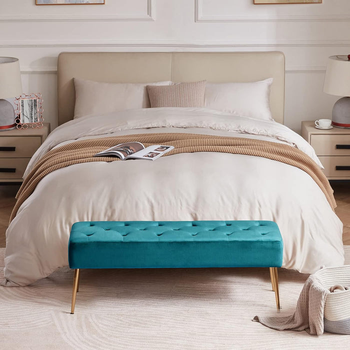 Modern Velvet Bench Ottoman, Upholstered Bedroom Benches Footrest Stool Button-Tufted Table Bench Dining Bench with Gold Metal Base for Entryway Dining Room Living Room Bedroom, Atrovirens