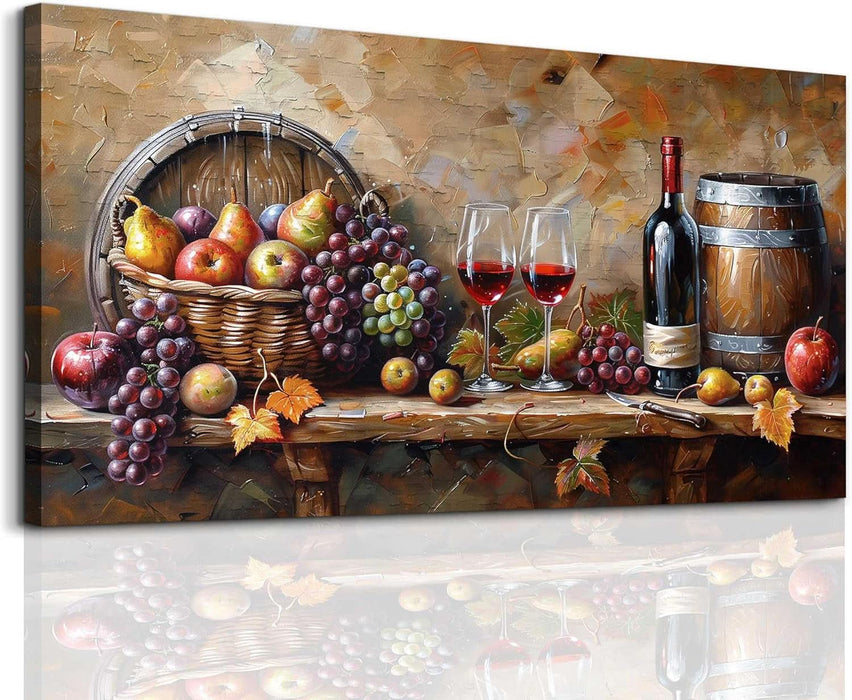 Kitchen Wall Art Grape Barrel Painting Red Wine Glass Fruit Artwork Prints for Dinning Room Bar Canvas Wall Decor for Living Room Food Still Life Abstract Picture Home Decoration 20X40In